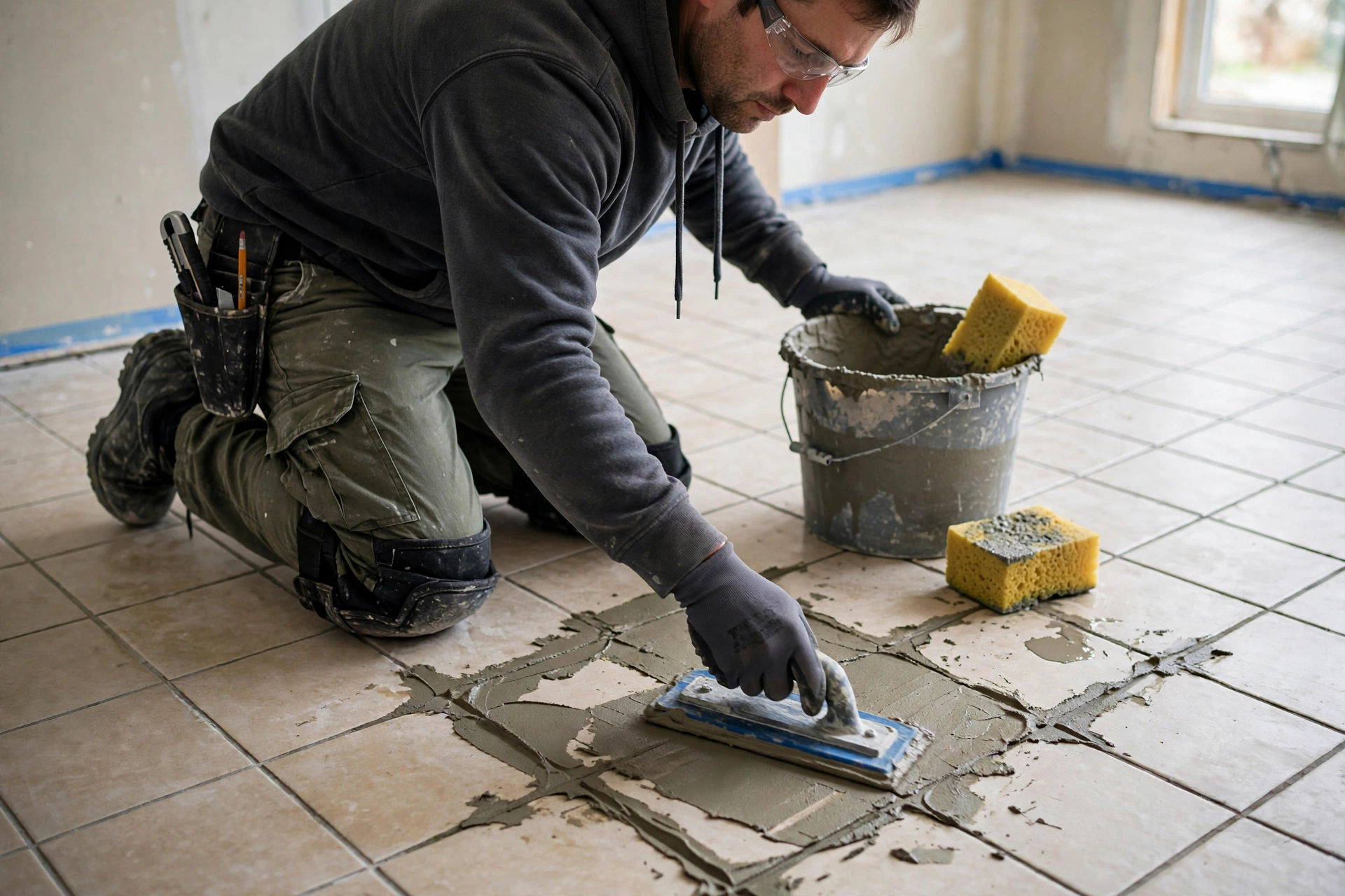 Worker spreading grout across tile joints during floor tile installation