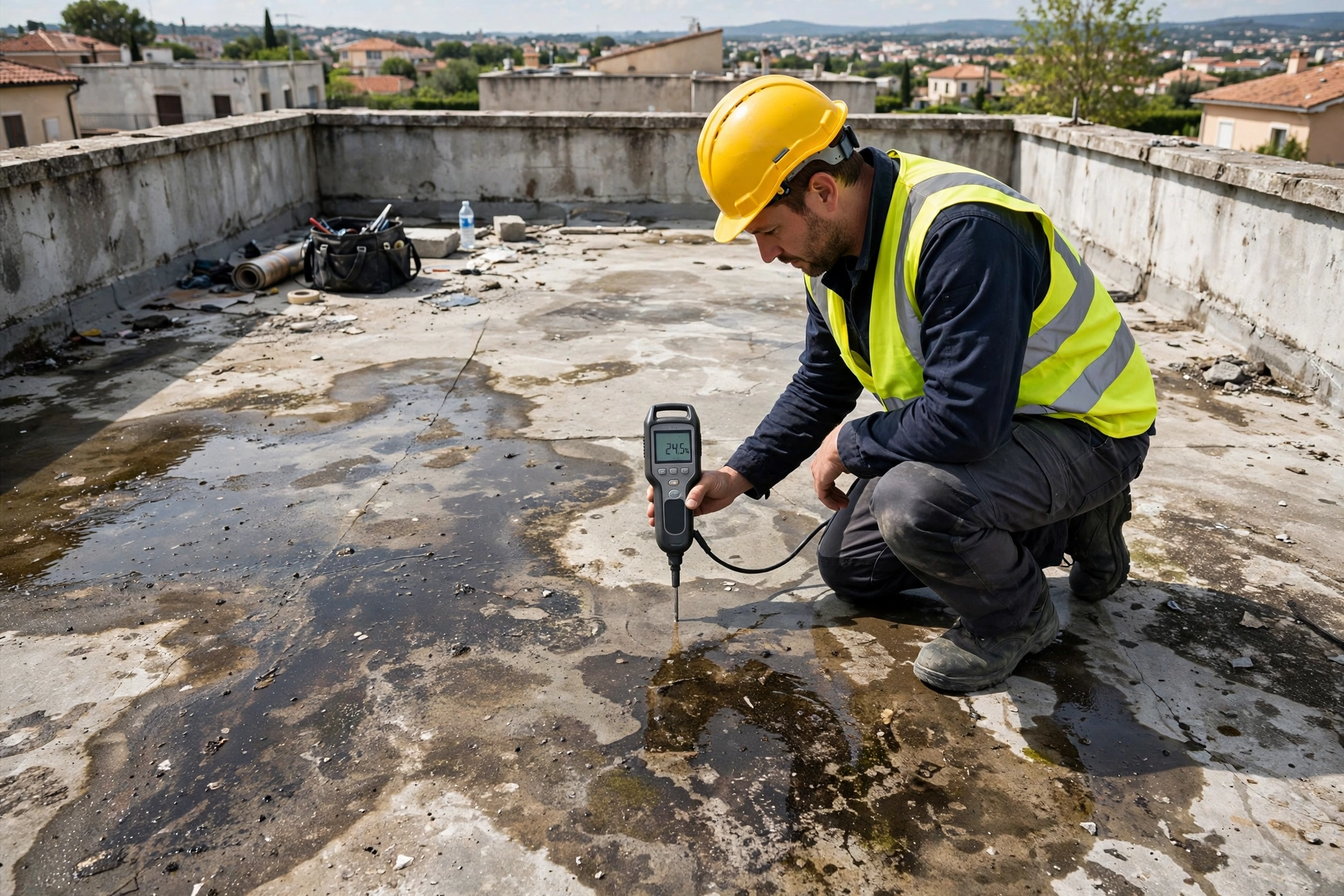 Roof waterproofing inspection with moisture meter checking leak stains on rooftop