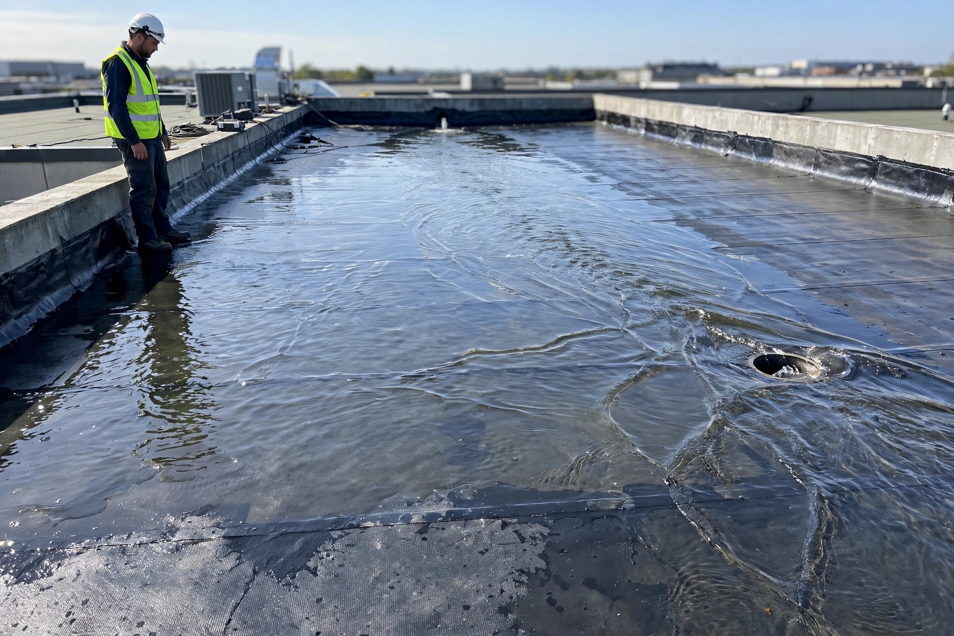 Ponding water test on treated roof for final roof waterproofing inspection