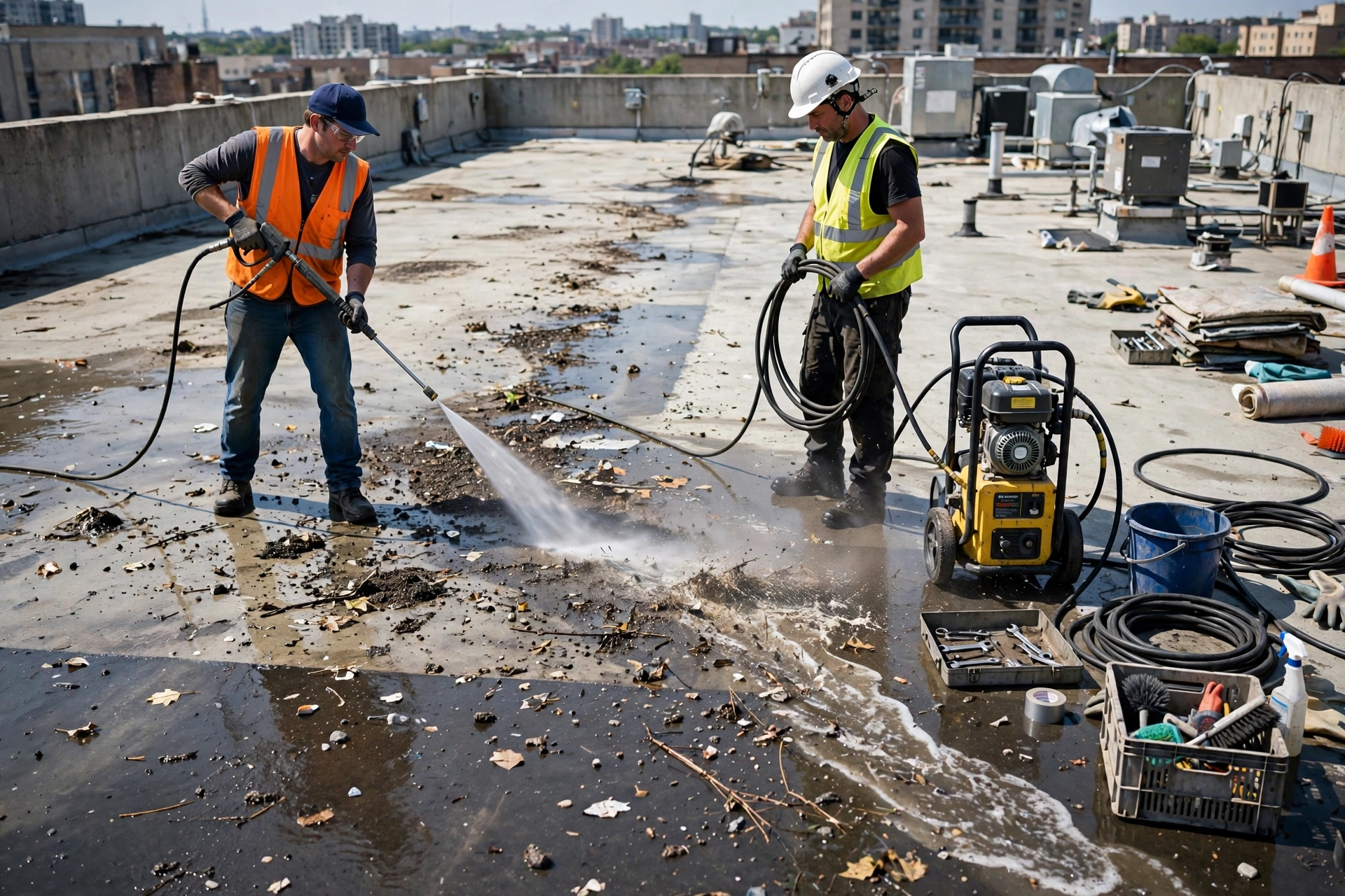 Workers pressure washing rooftop during roof waterproofing surface preparation