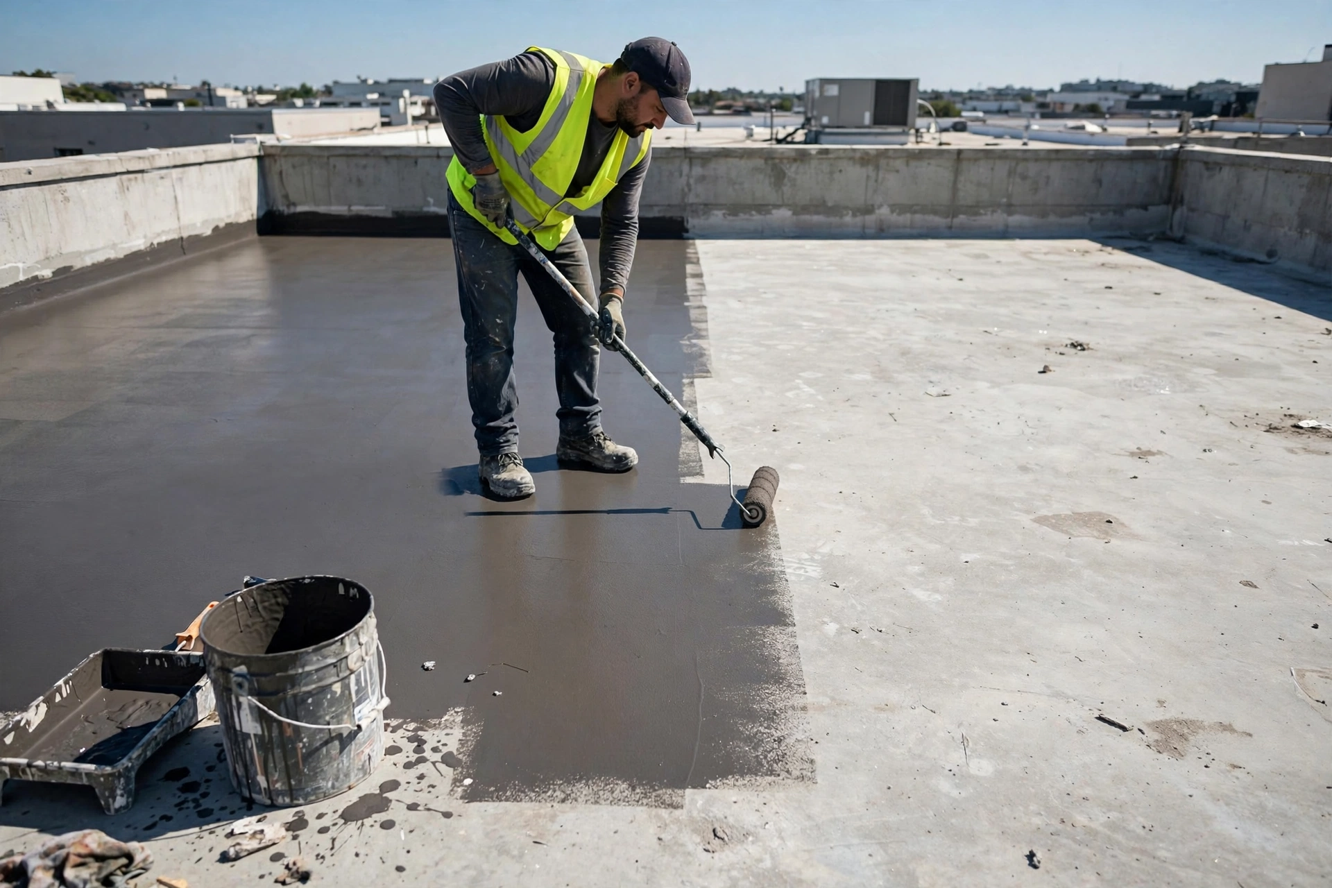 Roller applying primer coat on prepared roof surface for roof waterproofing