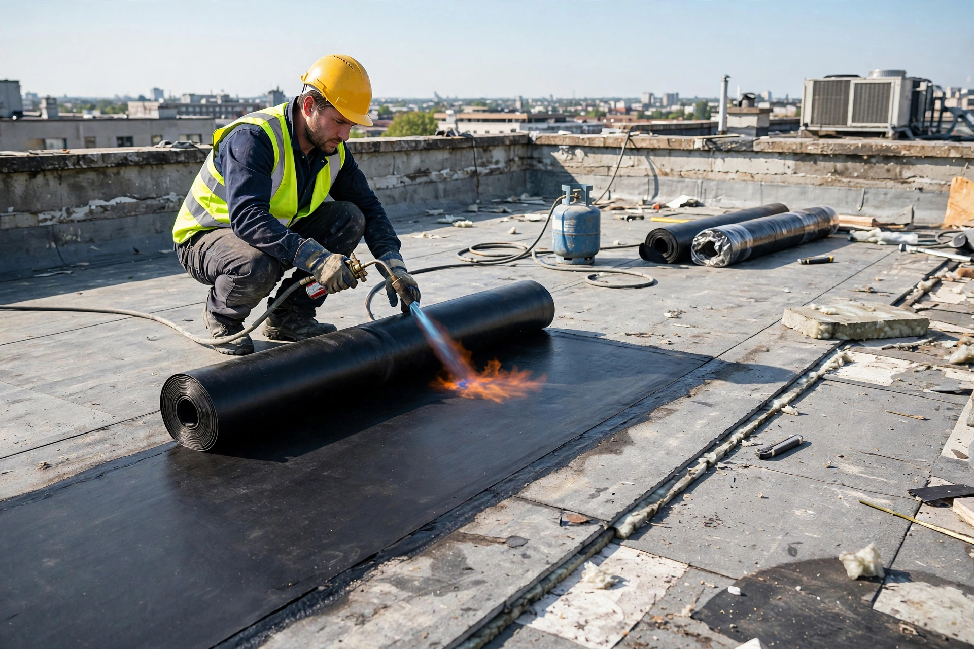 Torch-on bituminous membrane installation for roof waterproofing on flat roof