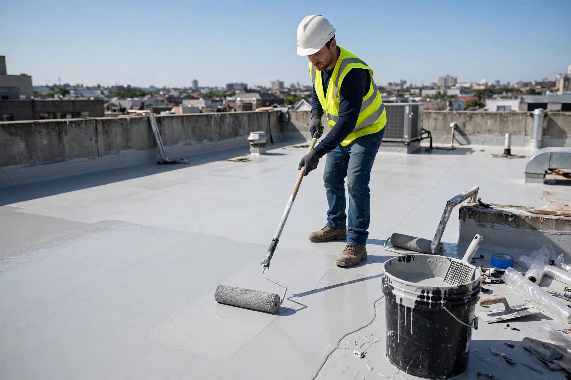 Worker rolling liquid waterproof coating layer on roof surface