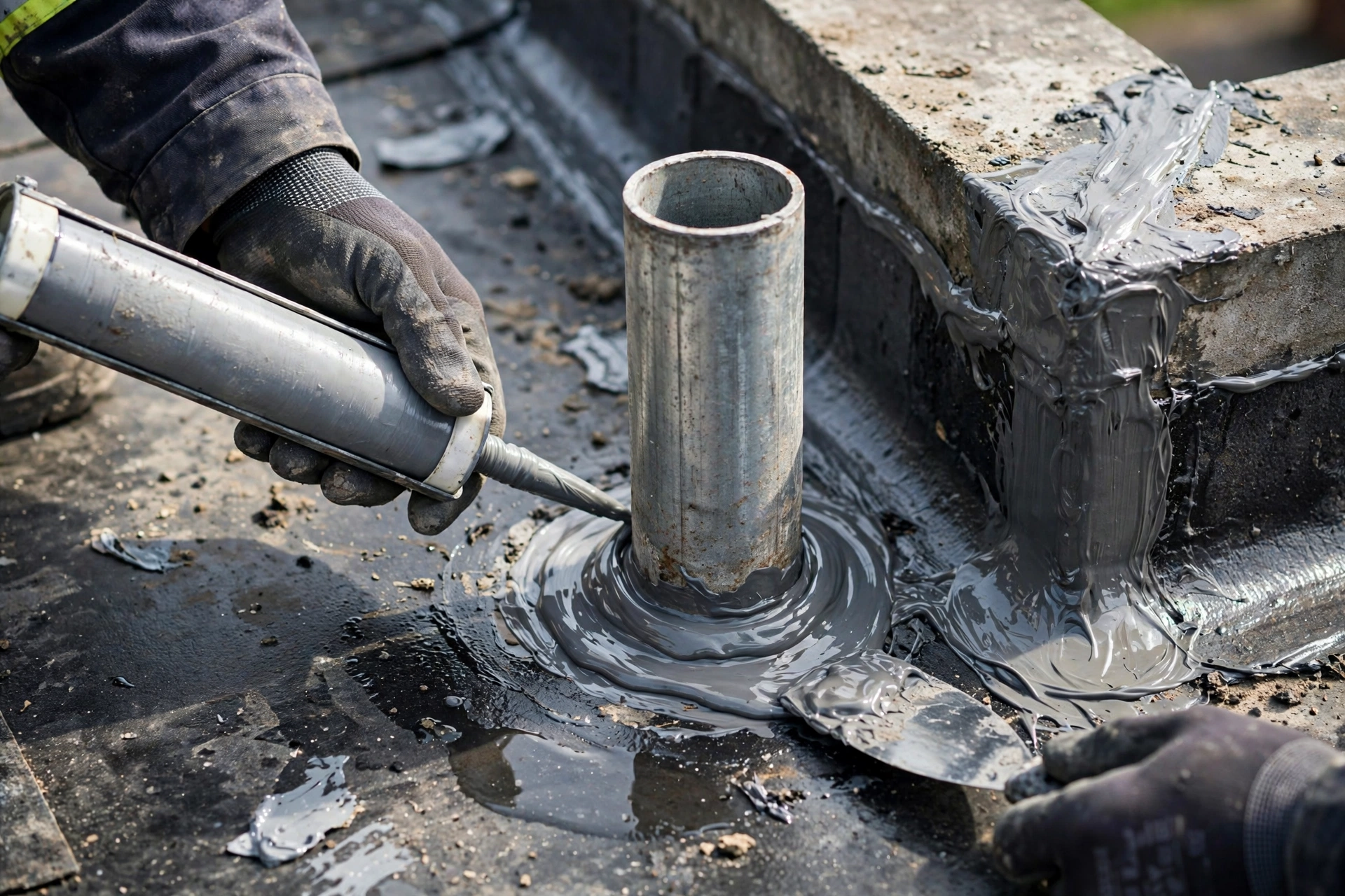 Detail sealing around roof pipe penetration during roof waterproofing work