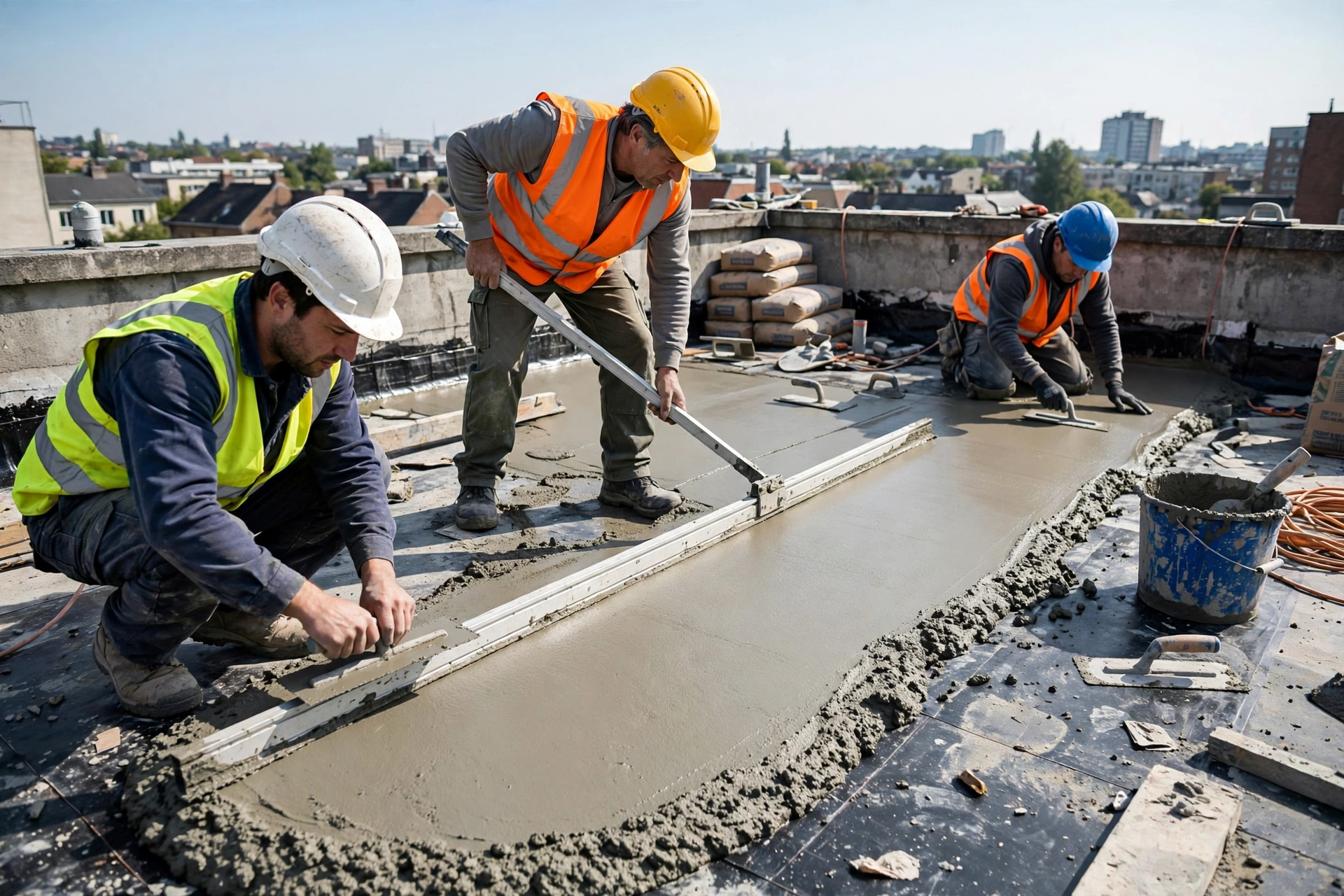 Protective screed finishing over waterproofing layer on rooftop